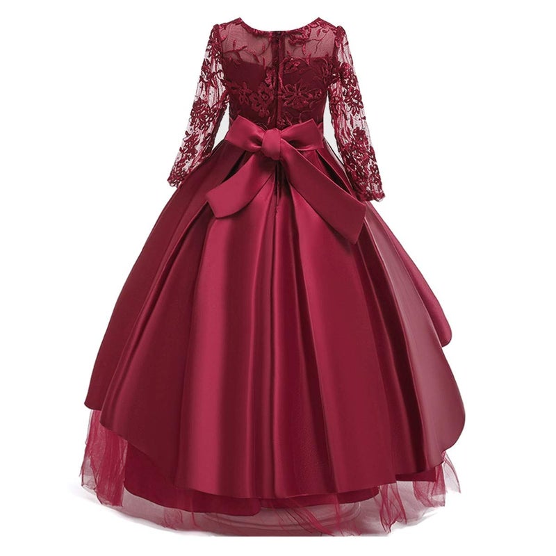 HIHCBF Flower Girl's Embroidery Tulle Lace Maxi Wedding Dress Long Sleeve Princess Birthday Pageant Party Dance Evening Gown Deep Red 11-12T - Image 3
